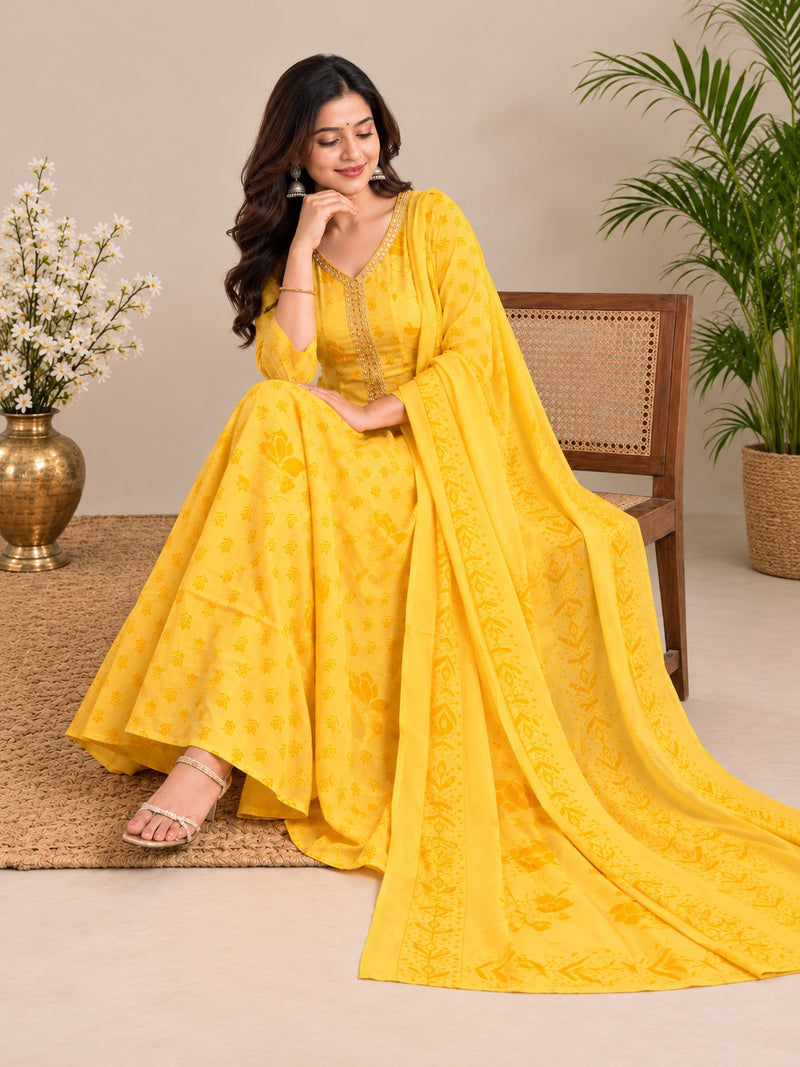 Yellow Floral Embroidered Mul Cotton Anarkali Set