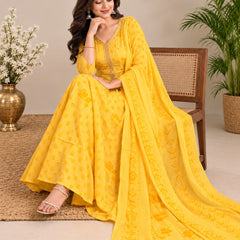 Yellow Floral Embroidered Mul Cotton Anarkali Set