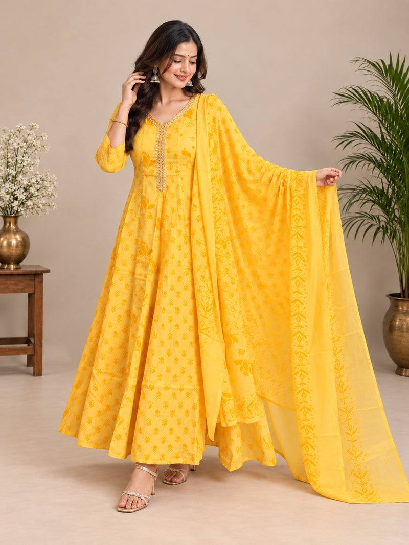 Yellow Floral Embroidered Mul Cotton Anarkali Set