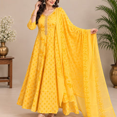 Yellow Floral Embroidered Mul Cotton Anarkali Set