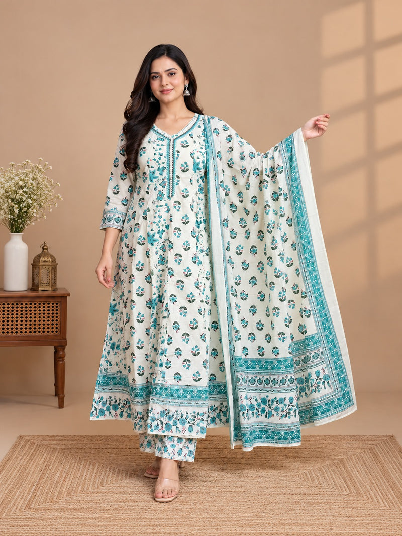 White Teal Floral Mul Cotton Printed Anarkali Set