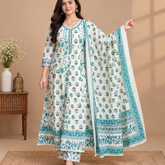 White Teal Floral Mul Cotton Printed Anarkali Set