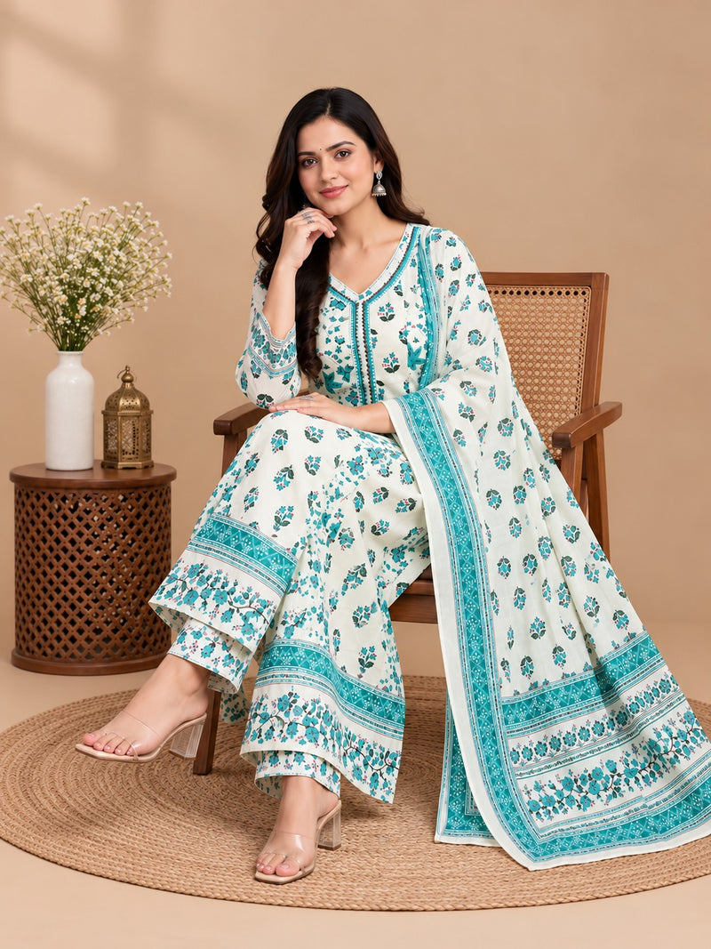 White Teal Floral Mul Cotton Printed Anarkali Set