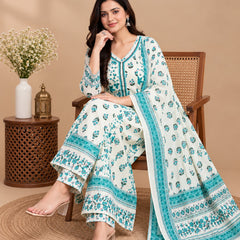 White Teal Floral Mul Cotton Printed Anarkali Set