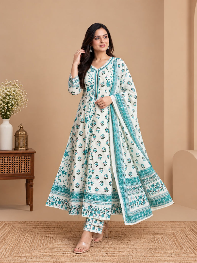 White Teal Floral Mul Cotton Printed Anarkali Set