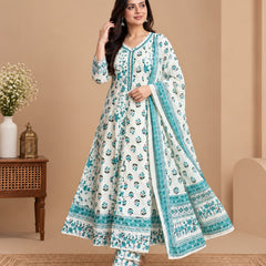 White Teal Floral Mul Cotton Printed Anarkali Set