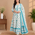 White Teal Floral Mul Cotton Printed Anarkali Set