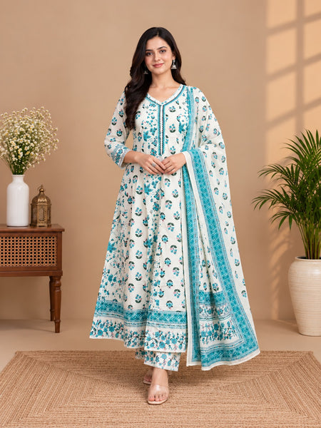 White Teal Floral Mul Cotton Printed Anarkali Set