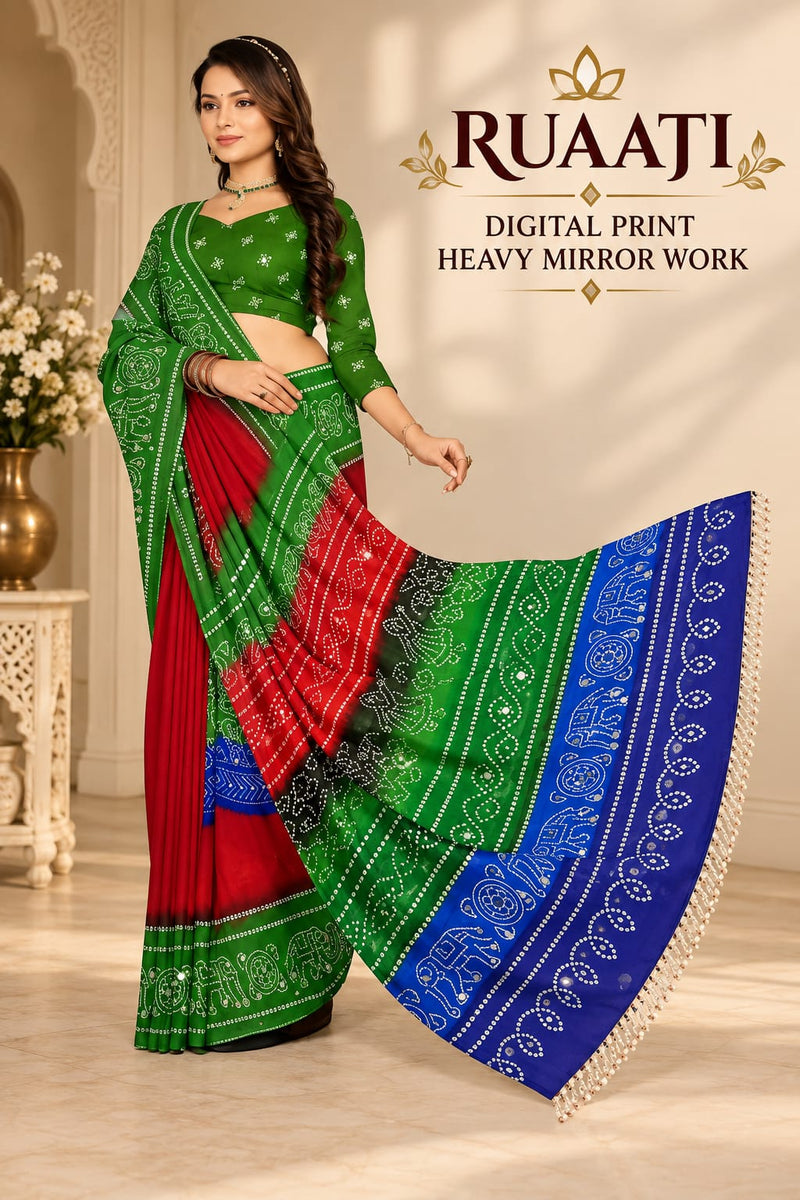 Multi Color Georgette Saree with Digital Print & Heavy Mirror Work