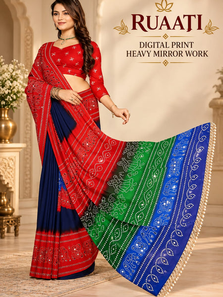 Multi Color Georgette Saree with Digital Print & Heavy Mirror Work