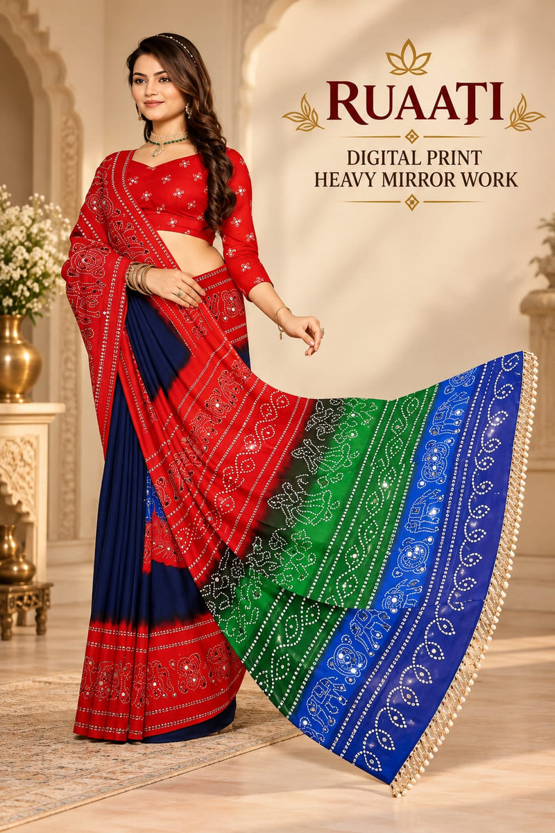 Multi Color Georgette Saree with Digital Print & Heavy Mirror Work