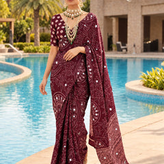 Wine Modal Silk Saree with Mirror Work & Designer Border