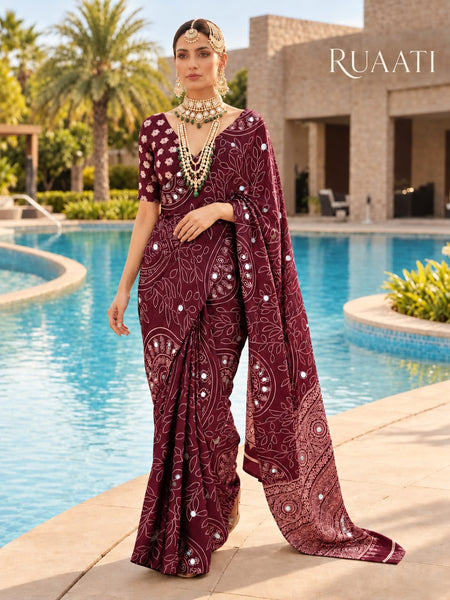Wine Modal Silk Saree with Mirror Work & Designer Border
