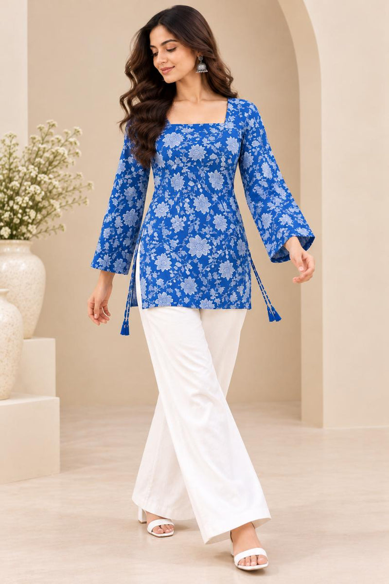 Royal Blue Premium Cotton Floral Printed Straight Kurti