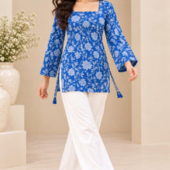 Royal Blue Premium Cotton Floral Printed Straight Kurti