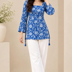 Royal Blue Premium Cotton Floral Printed Straight Kurti