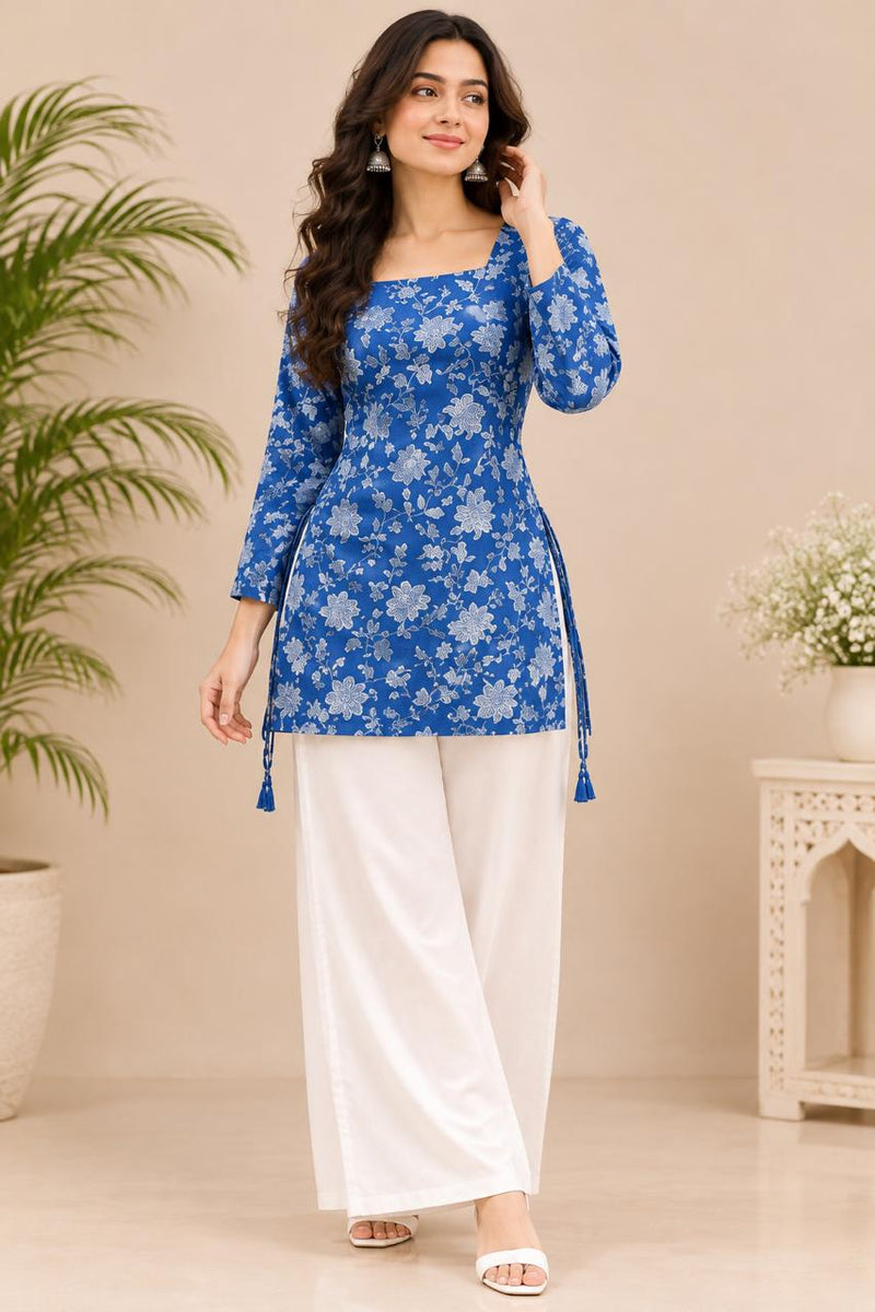 Royal Blue Premium Cotton Floral Printed Straight Kurti