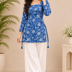 Royal Blue Premium Cotton Floral Printed Straight Kurti