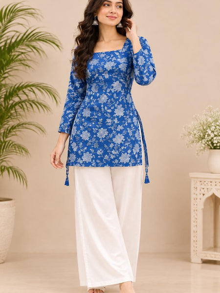 Royal Blue Premium Cotton Floral Printed Straight Kurti