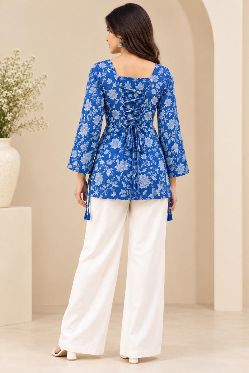 Royal Blue Premium Cotton Floral Printed Straight Kurti