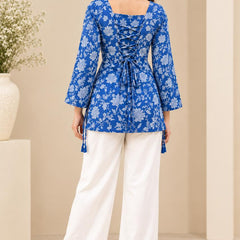 Royal Blue Premium Cotton Floral Printed Straight Kurti