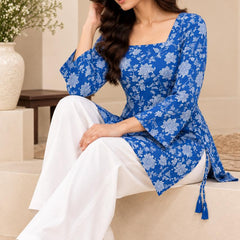 Royal Blue Premium Cotton Floral Printed Straight Kurti