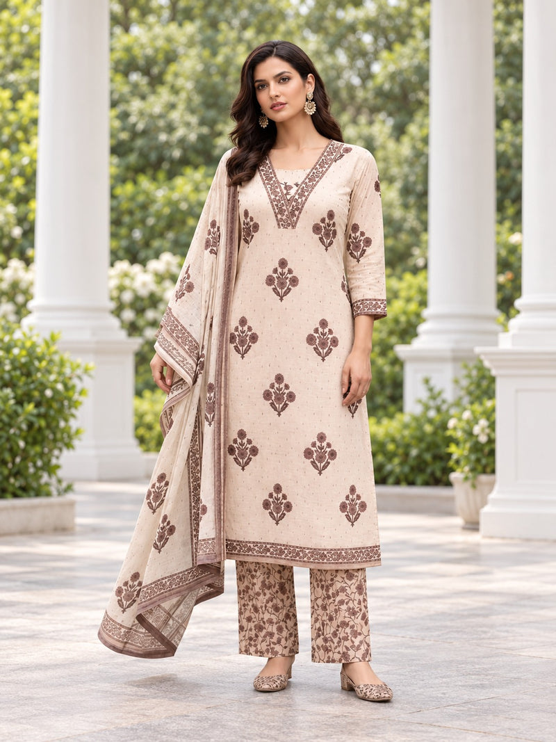 Beige Floral Cotton printed Suit Set