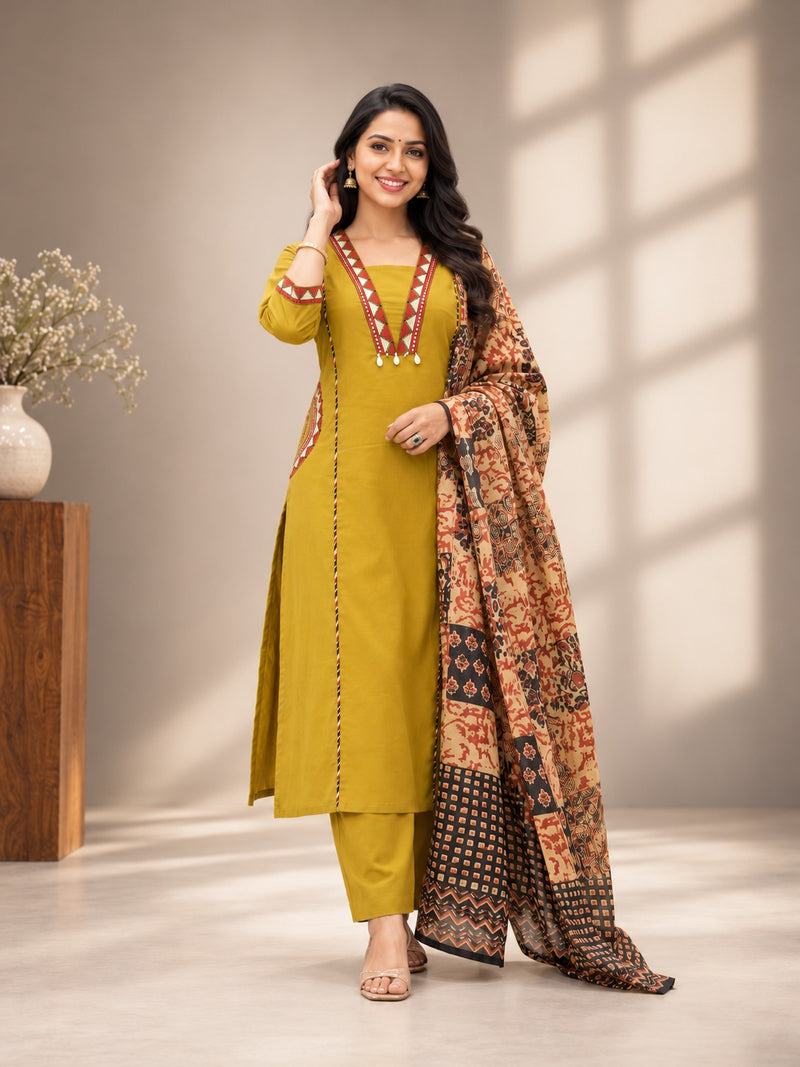 Olive Green Embroidered Straight Suit Set