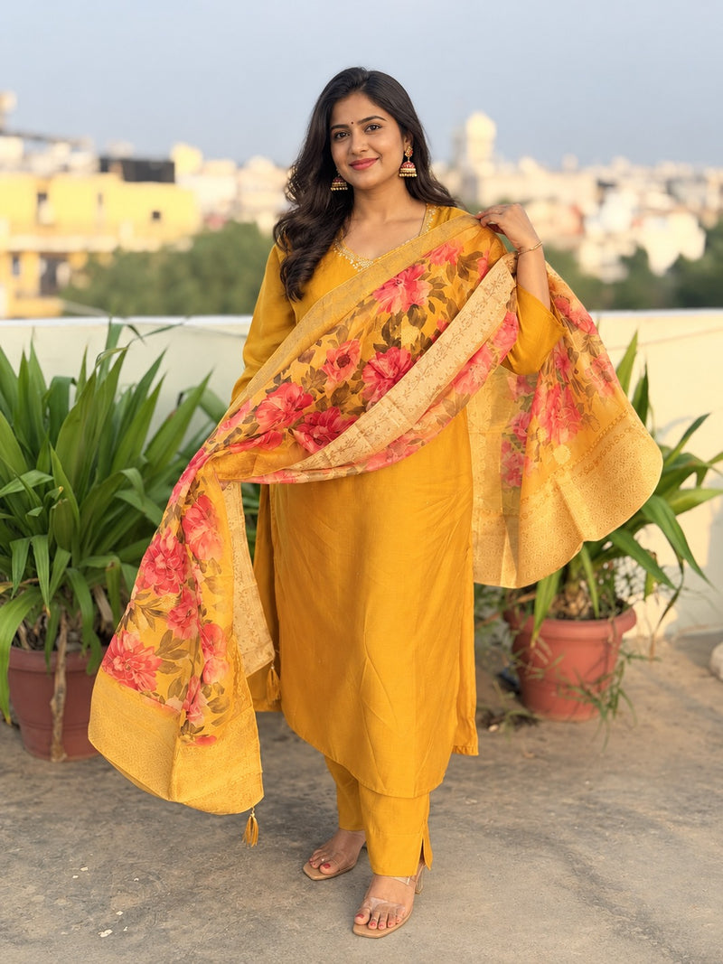 Mustard Yellow Matka Silk Embroidered Suit Set