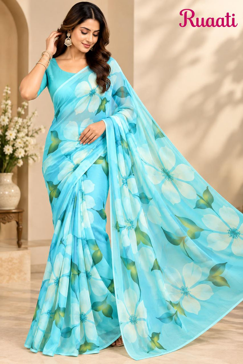 Sky Blue Floral Printed Georgette Saree for Women