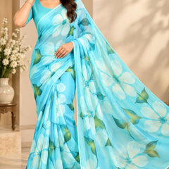 Sky Blue Floral Printed Georgette Saree for Women
