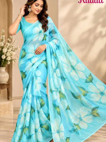 Sky Blue Floral Printed Georgette Saree for Women