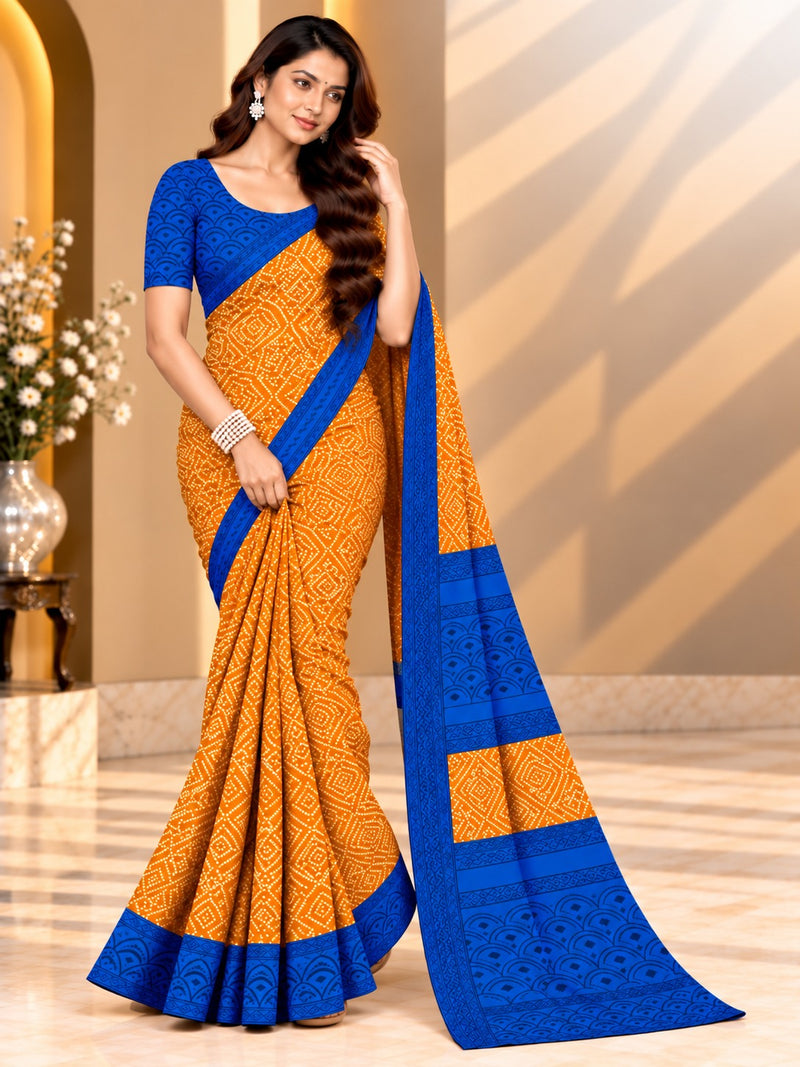 Mustard Yellow Bandhani Printed Saree With Blue Border