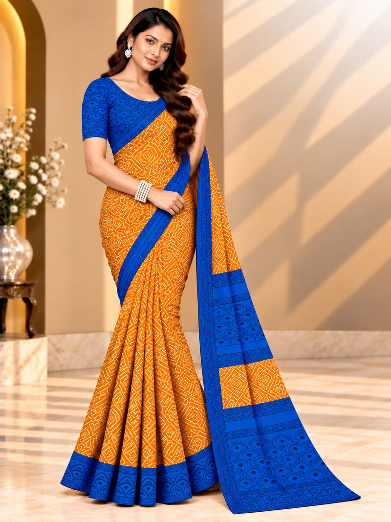 Mustard Yellow Bandhani Printed Saree With Blue Border