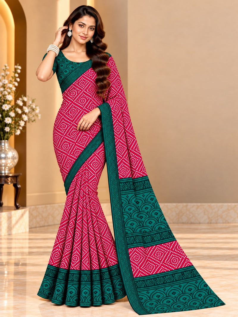 Pink Bandhani Printed Saree With Green Border