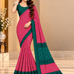 Pink Bandhani Printed Saree With Green Border