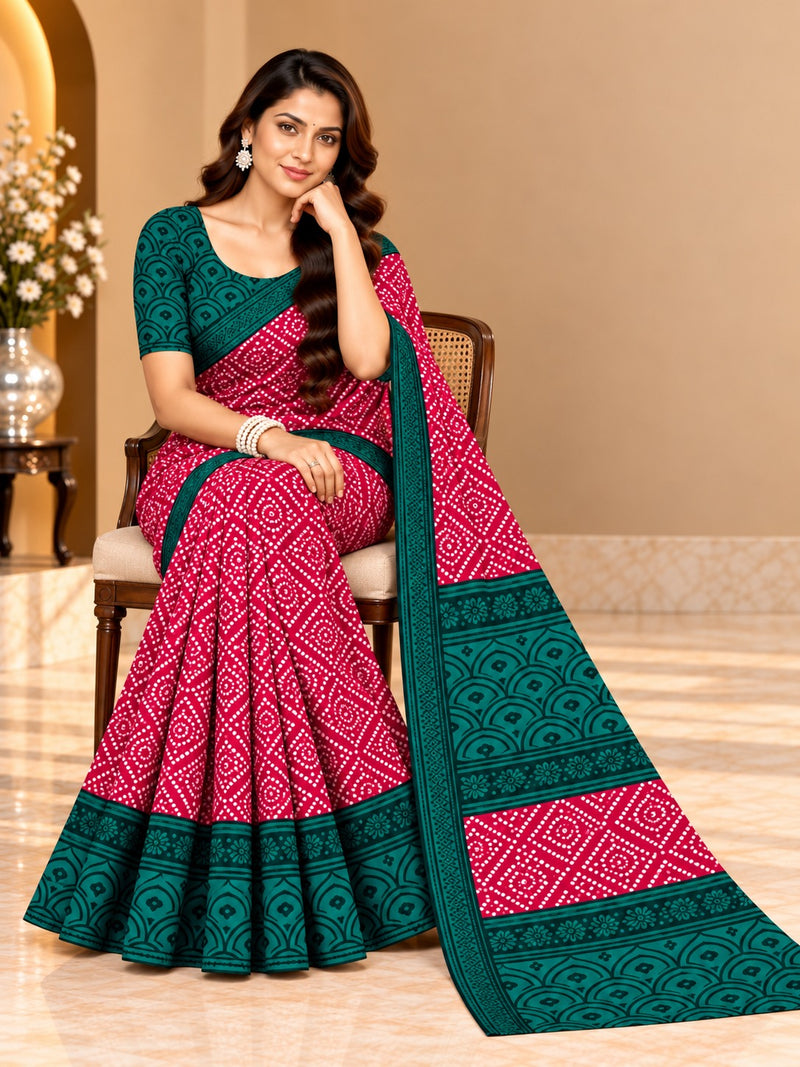 Pink Bandhani Printed Saree With Green Border