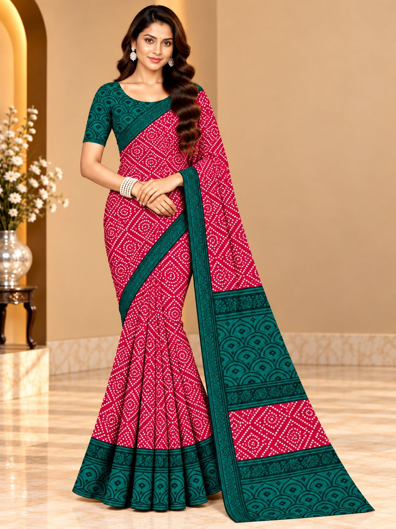 Pink Bandhani Printed Saree With Green Border
