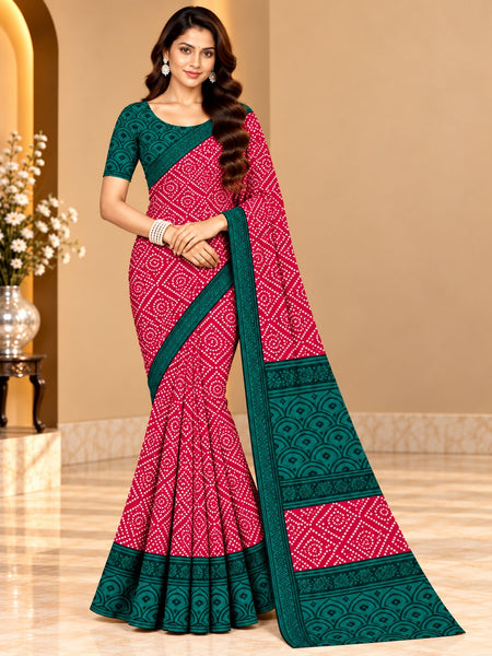 Pink Bandhani Printed Saree With Green Border