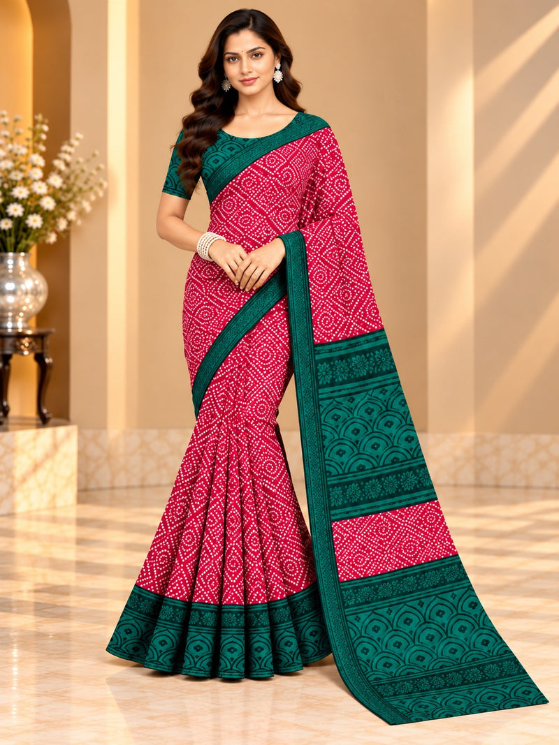 Pink Bandhani Printed Saree With Green Border