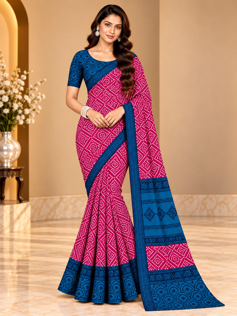 Rani Pink Bandhani Printed Saree With Royal Blue Border