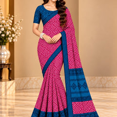 Rani Pink Bandhani Printed Saree With Royal Blue Border