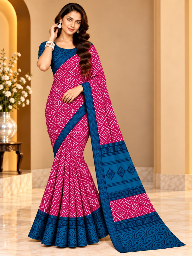 Rani Pink Bandhani Printed Saree With Royal Blue Border