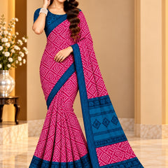 Rani Pink Bandhani Printed Saree With Royal Blue Border