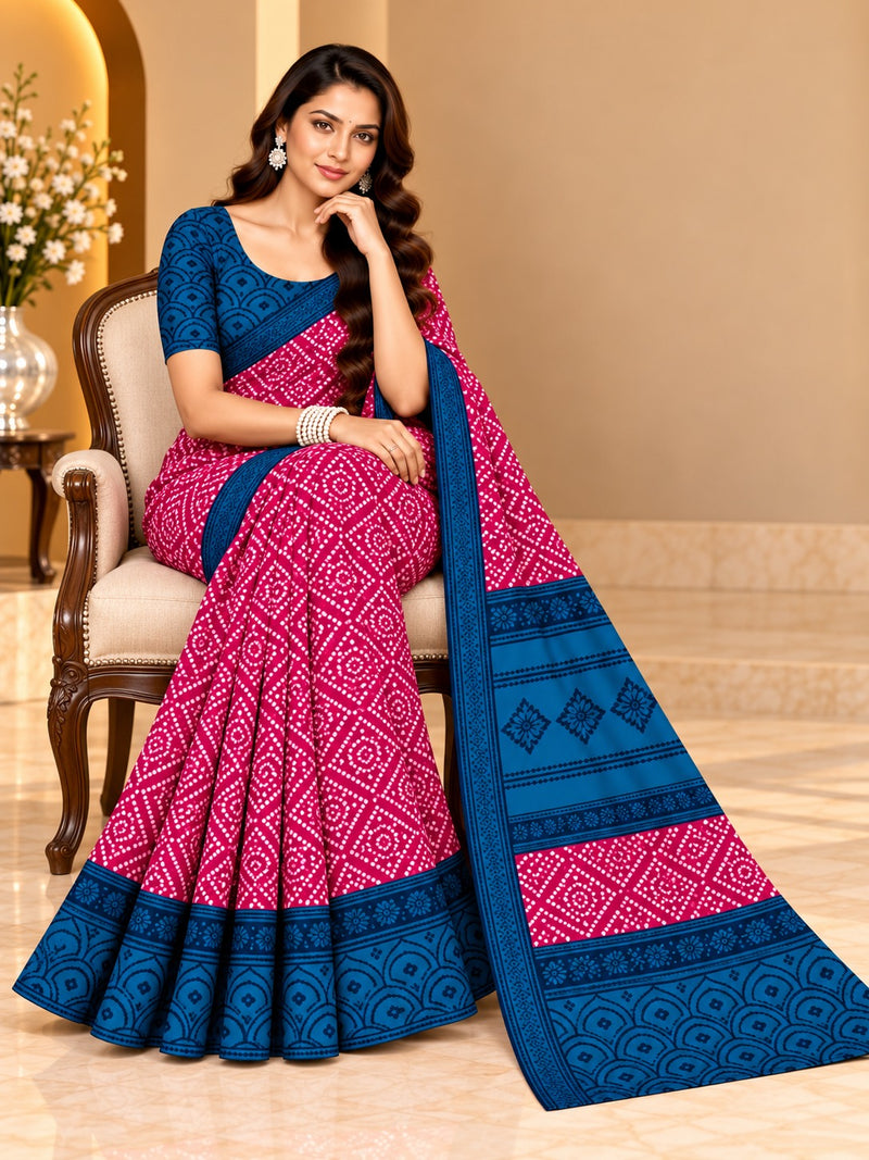 Rani Pink Bandhani Printed Saree With Royal Blue Border