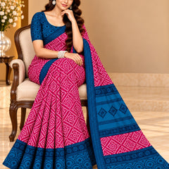 Rani Pink Bandhani Printed Saree With Royal Blue Border