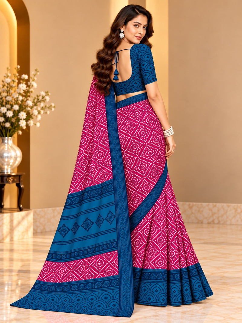 Rani Pink Bandhani Printed Saree With Royal Blue Border