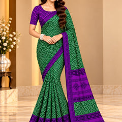 Green Bandhani Printed Saree With Purple Border