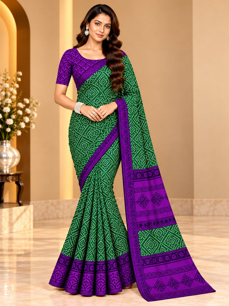 Green Bandhani Printed Saree With Purple Border