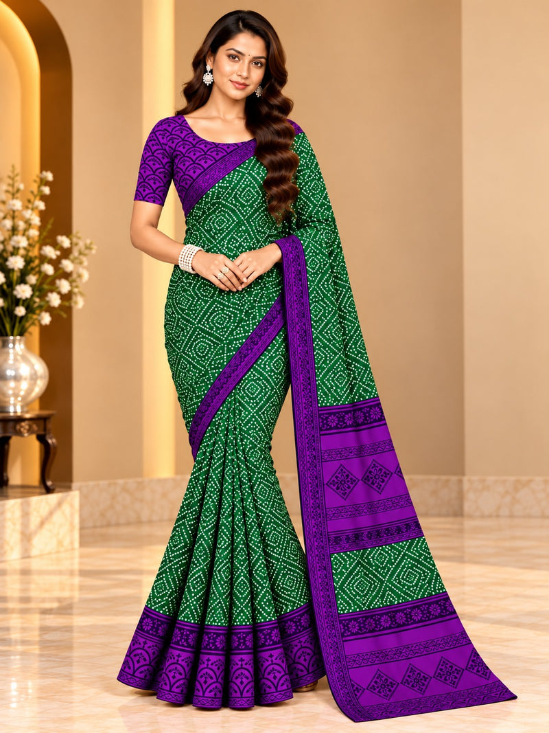 Green Bandhani Printed Saree With Purple Border